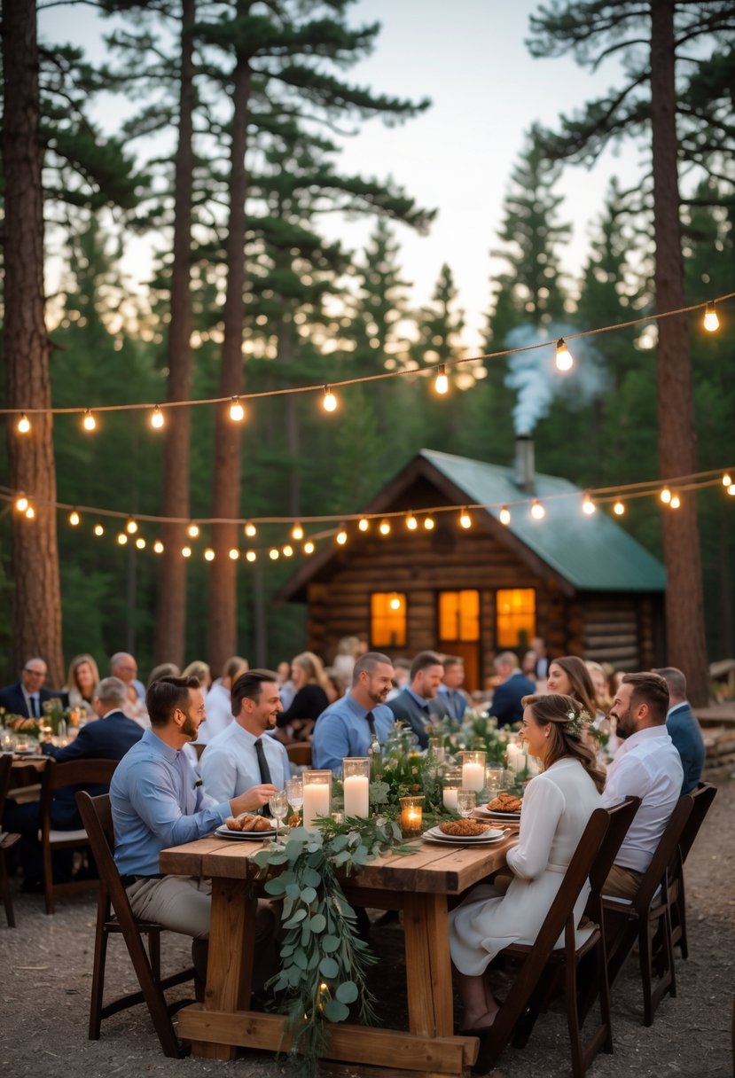 An outdoor wedding rehearsal dinner at a rustic wooden table near a log cabin surrounded by pine trees with string lights overhead and guests enjoying the evening.