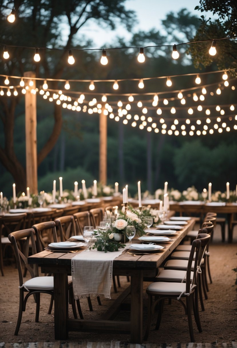 Outdoor dining table under a canopy of string lights set for a rustic wedding rehearsal dinner with wooden chairs and floral centerpieces.