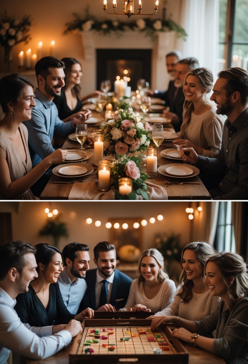 Couples enjoying an intimate wedding rehearsal dinner followed by a cozy game night around a warmly lit dining table.