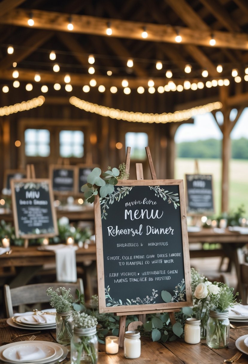 A rustic wedding rehearsal dinner setup with chalkboard menu signs, wooden tables, greenery, fairy lights, and elegant table settings.