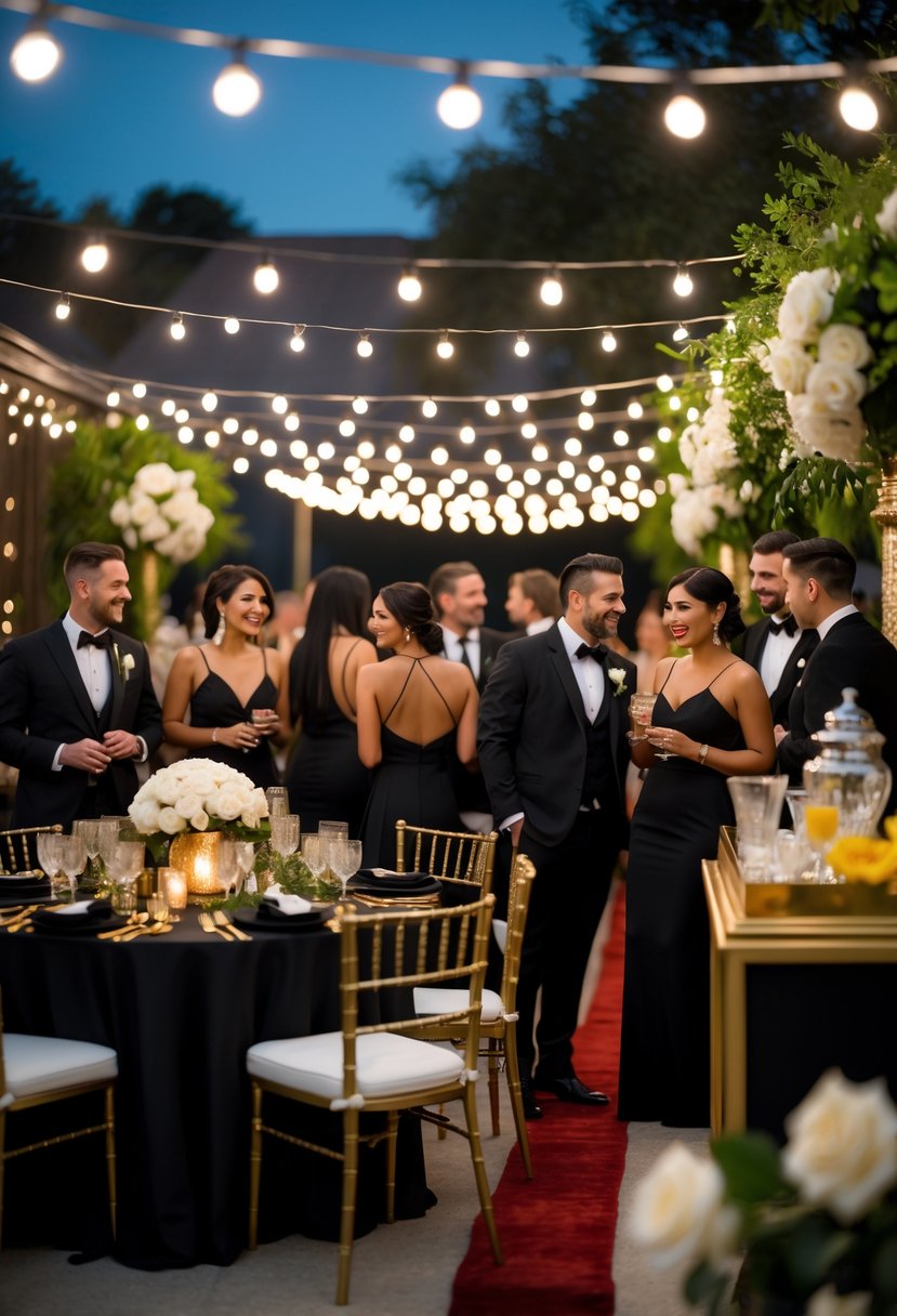 Guests dressed in elegant cocktail attire socialize around tables decorated with flowers and drinks at an outdoor evening wedding rehearsal dinner.