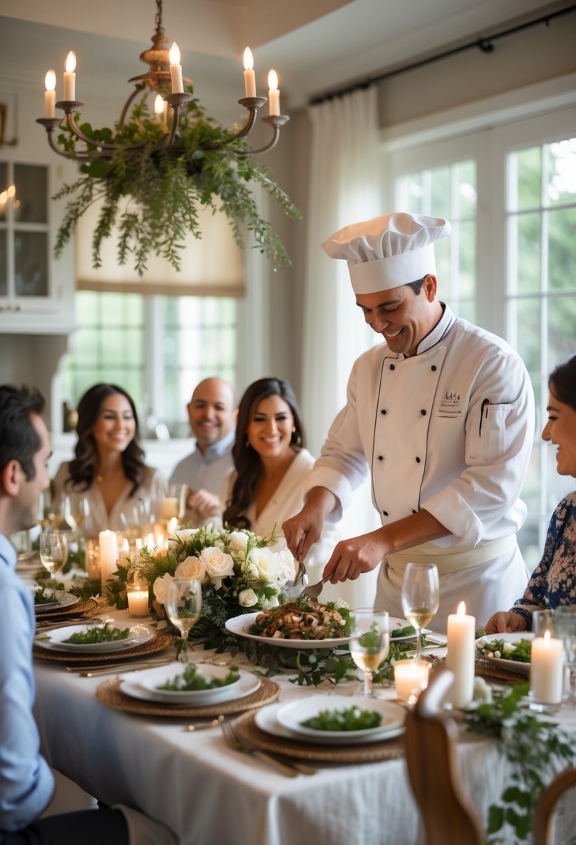 A private chef plating food in a home kitchen while guests sit around a softly lit dining table decorated for an intimate wedding rehearsal dinner.