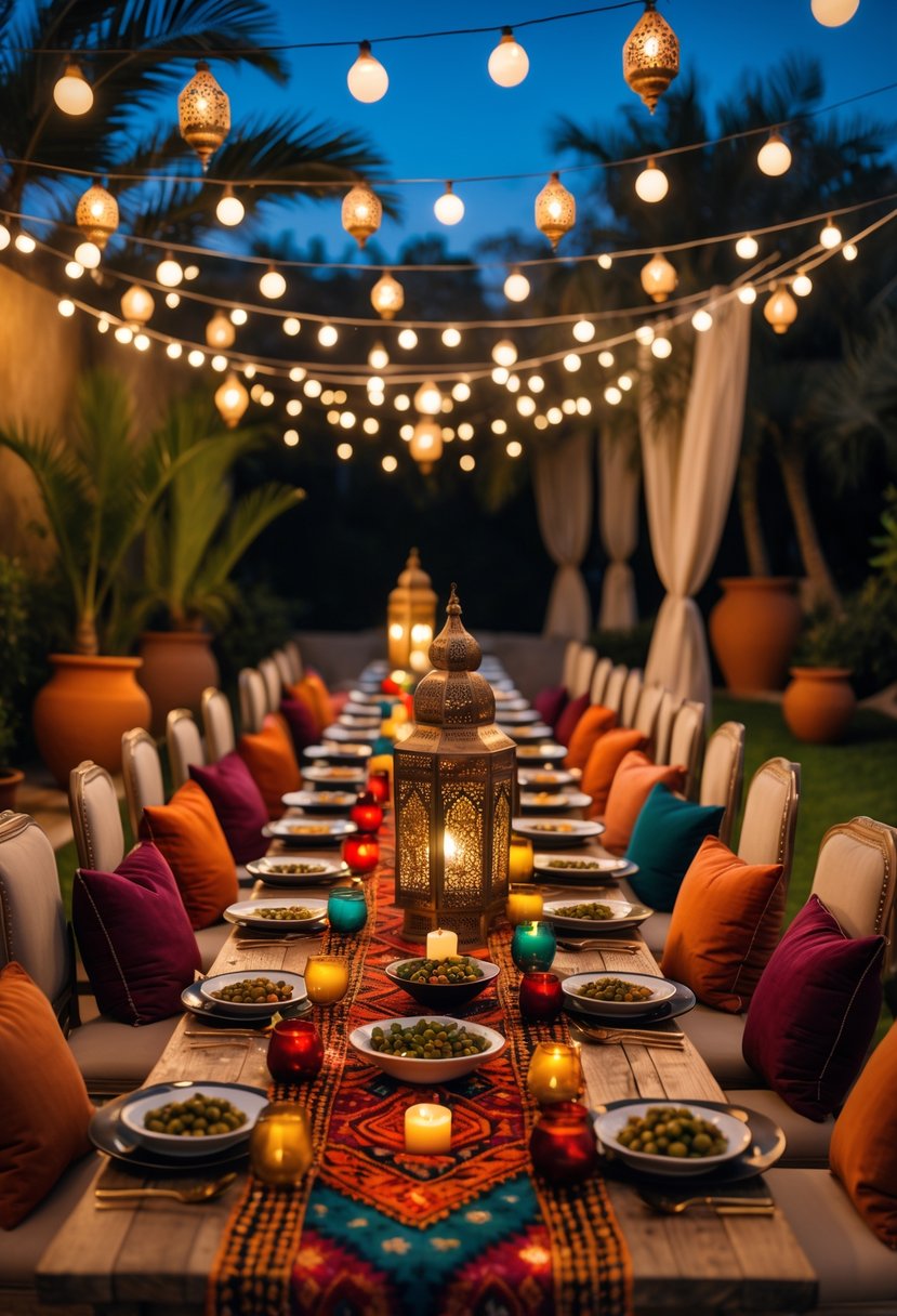An outdoor dinner table decorated with colorful Moroccan textiles, lanterns, and traditional dishes, set for a wedding rehearsal dinner at night.
