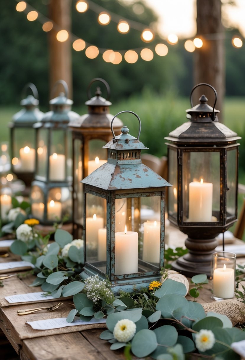 A group of antique lanterns glowing softly on a wooden table surrounded by greenery and flowers at an outdoor dinner setting.