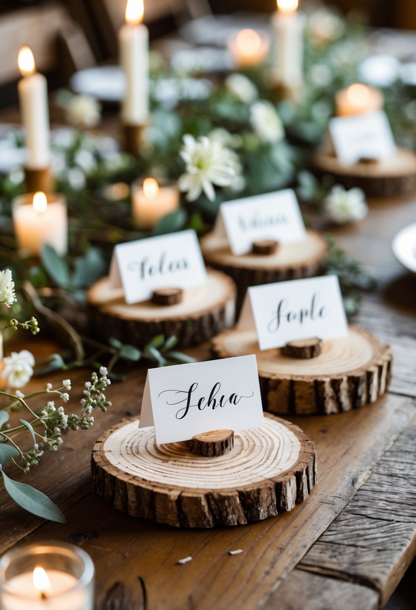 Wooden slices arranged on a table with handwritten place cards and greenery, set for a wedding rehearsal dinner.