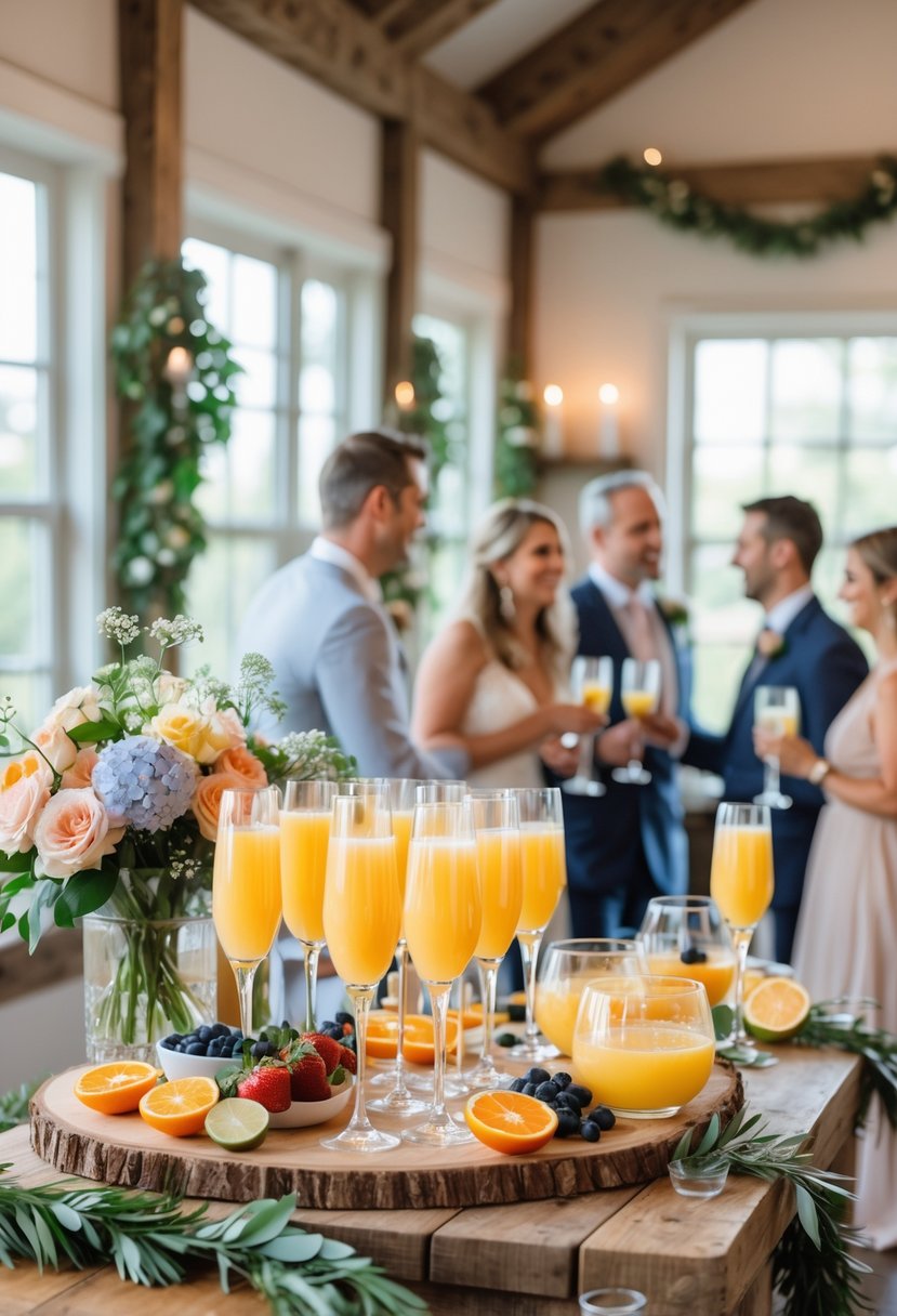 A group of people enjoying a brunch rehearsal with a mimosa bar featuring fresh fruit and drinks on a decorated table.