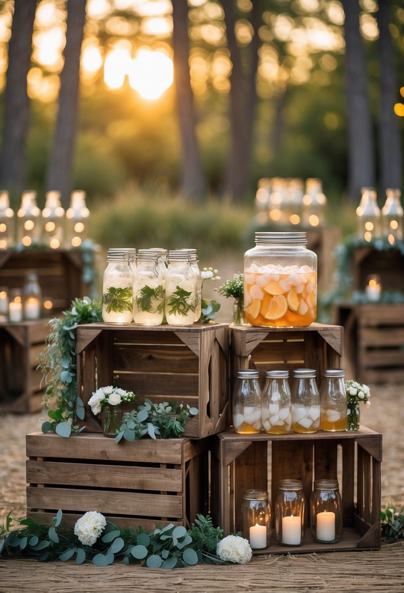 Outdoor rustic wedding rehearsal dinner setup with wooden crate drink stations decorated with flowers and candles.