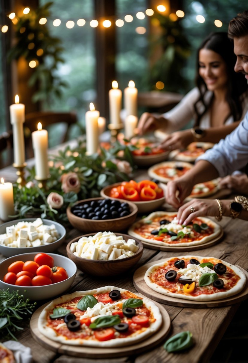 People making pizzas together at a cozy, candlelit table set for a small wedding rehearsal dinner.