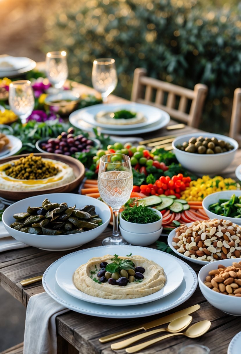 A Mediterranean mezze spread with various dishes, bread, and olives arranged on a wooden table for a wedding rehearsal dinner.