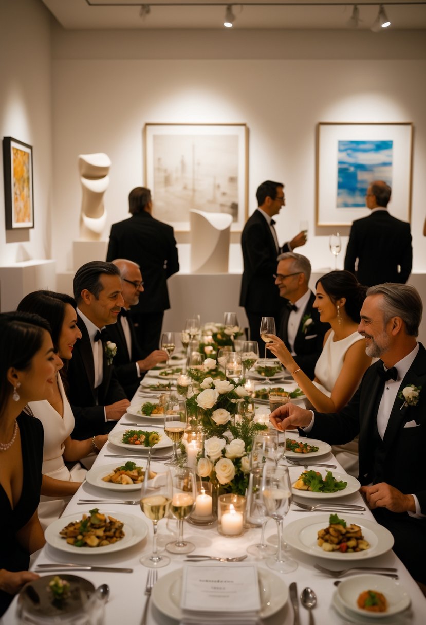 A small group of people enjoying a dinner together in an art gallery space with paintings on the walls and a beautifully set dining table.