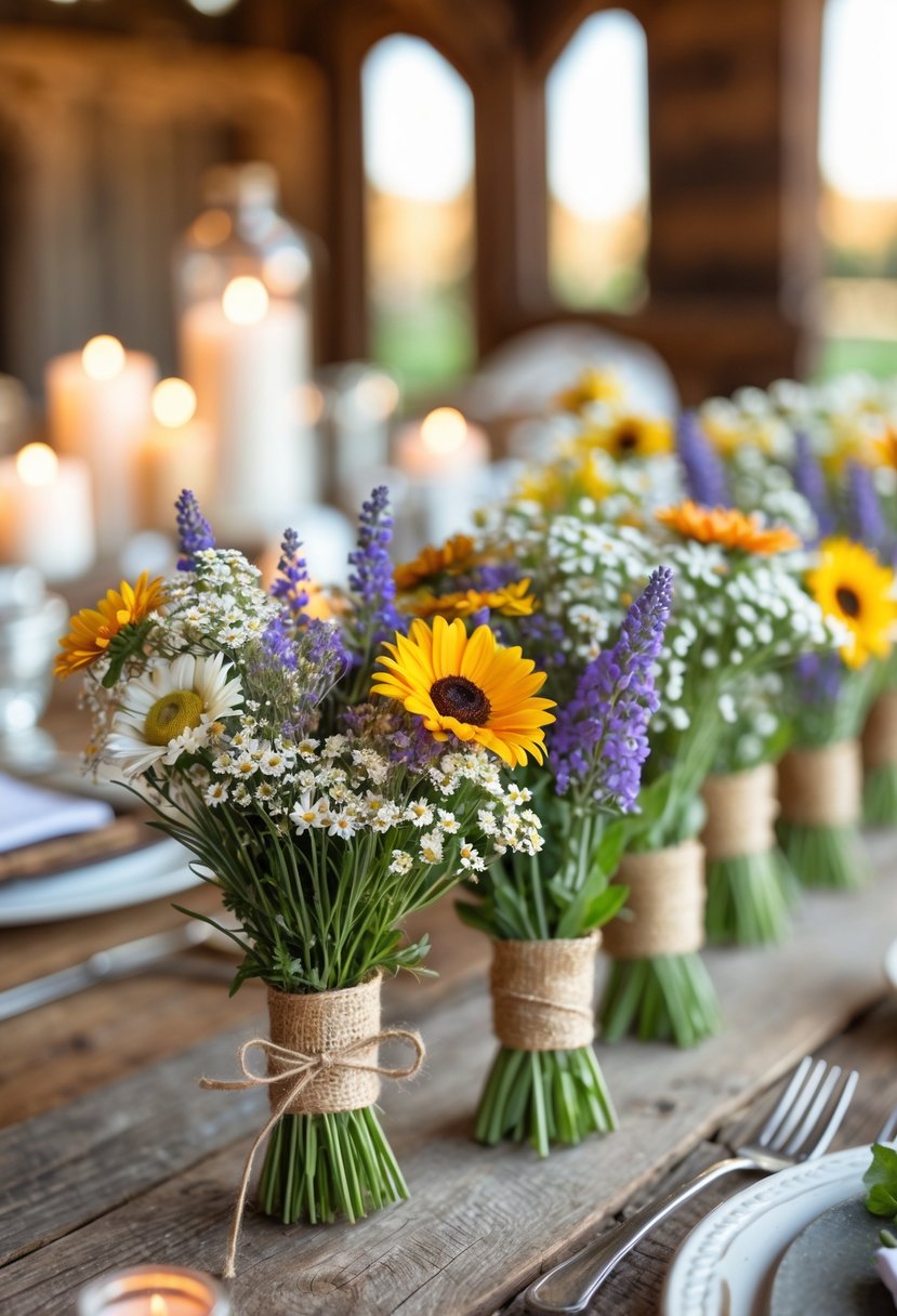 Small wildflower bouquets tied with twine placed on a wooden table set for a rustic wedding rehearsal dinner.