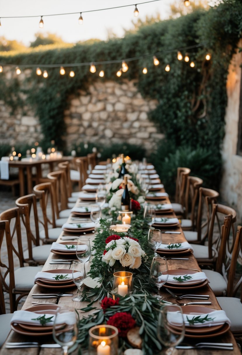 An outdoor wedding rehearsal dinner with a long wooden table set with plates, wine glasses, candles, flowers, and traditional Italian food, surrounded by chairs and soft string lights.