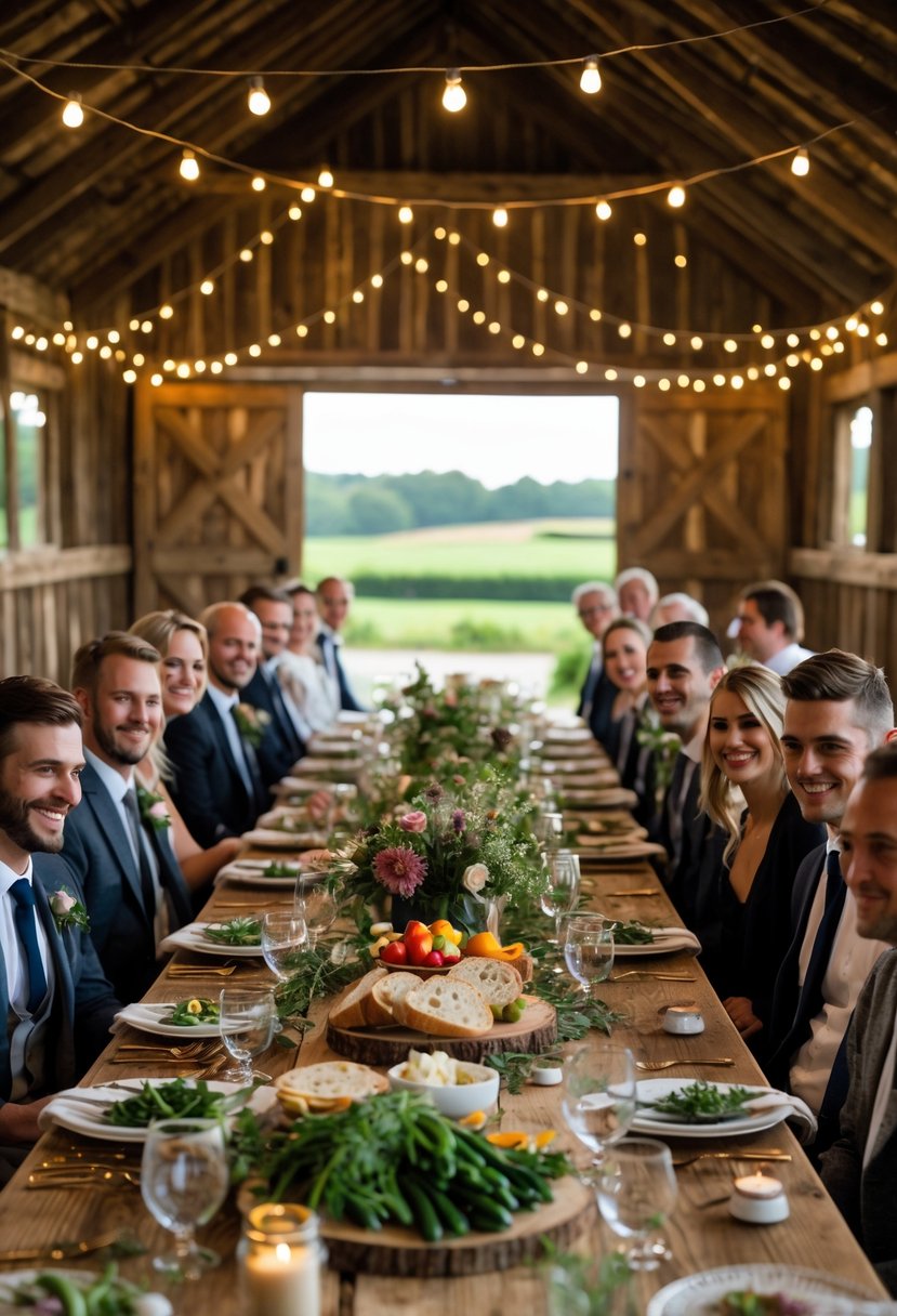 A rustic barn with a long wooden table set for an intimate dinner, decorated with flowers and farm-fresh food, with guests seated and enjoying the meal.