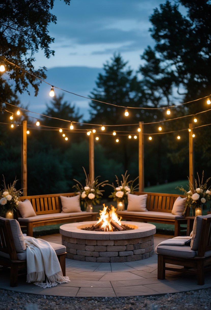 Outdoor fire pit surrounded by wooden benches with cushions and floral decorations, set for a gathering in a natural setting at dusk.