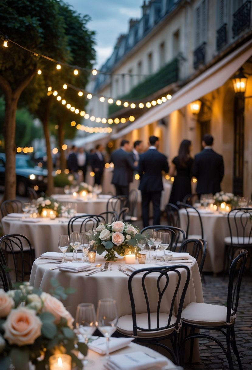 Evening outdoor wedding rehearsal dinner at a Parisian bistro with decorated tables, guests mingling, and warm string lights.