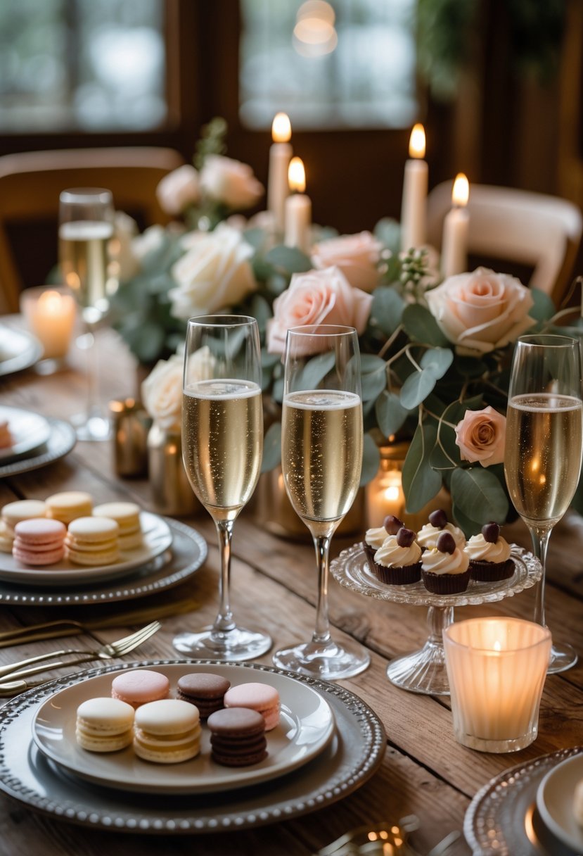 A table set with champagne glasses and an assortment of desserts, surrounded by floral centerpieces and candles, in a cozy indoor setting.