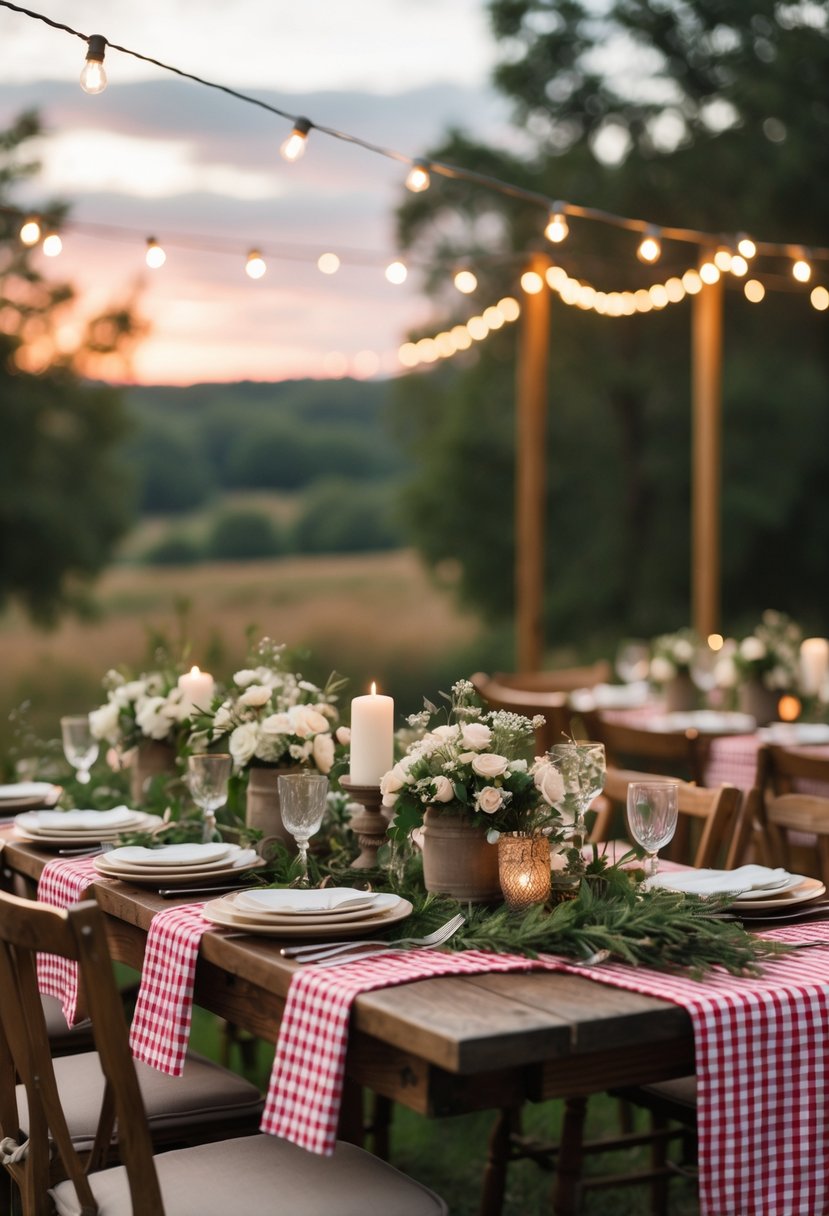Outdoor dinner table with red and white checkered tablecloths, floral centerpieces, candles, and wooden chairs set for a gathering.