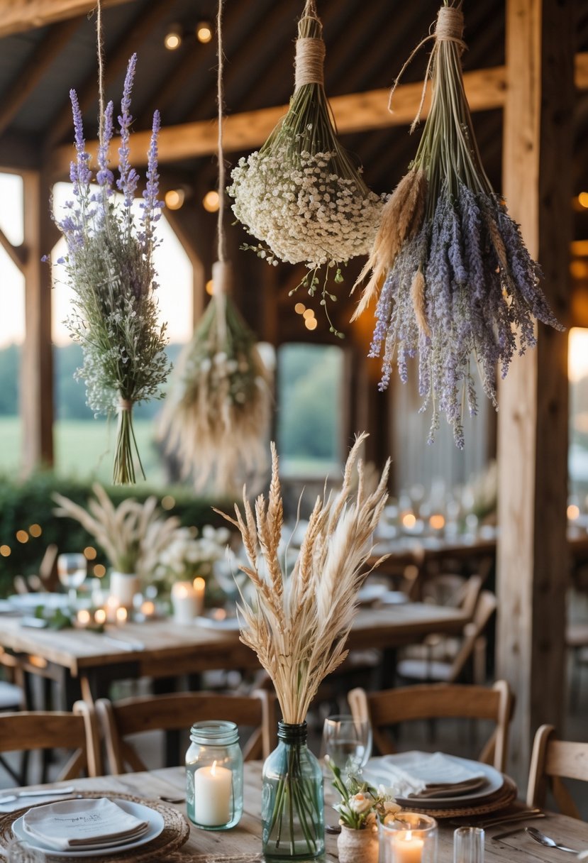 Hanging dried flower arrangements above wooden tables set for a rustic wedding rehearsal dinner.