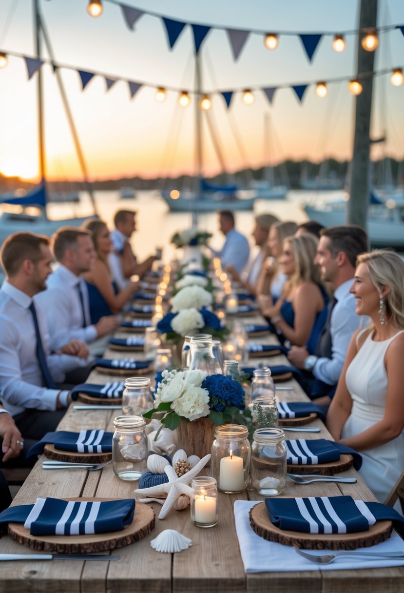 Guests enjoying an outdoor dinner by the harbor with a long table decorated with nautical-themed centerpieces and sailboats in the background at sunset.
