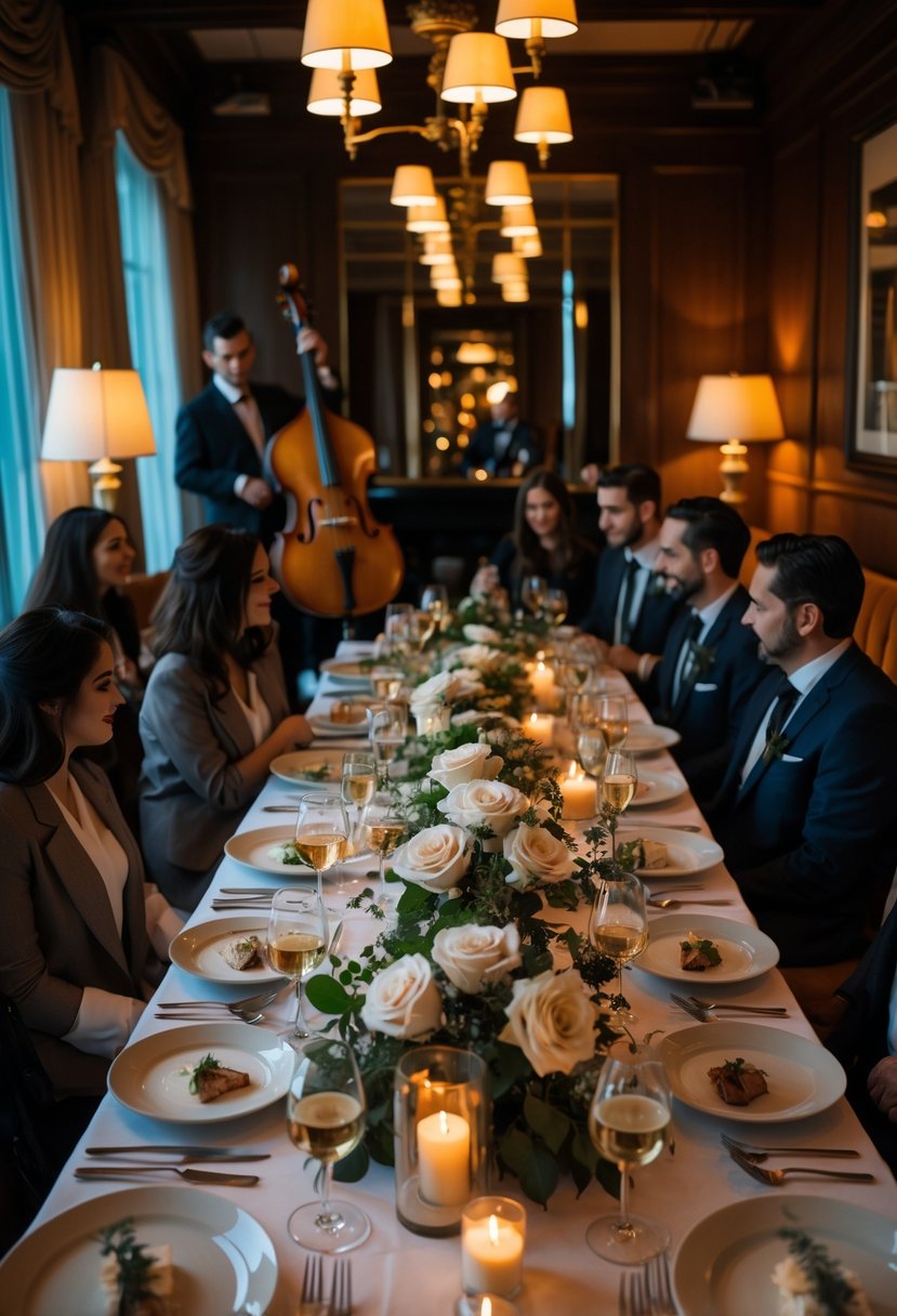 A small group of people enjoying a cozy dinner in a dimly lit jazz lounge with live musicians playing in the background.