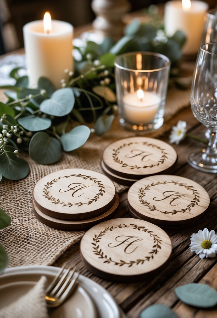A set of engraved wooden coasters on a rustic table surrounded by greenery, candles, and glassware.