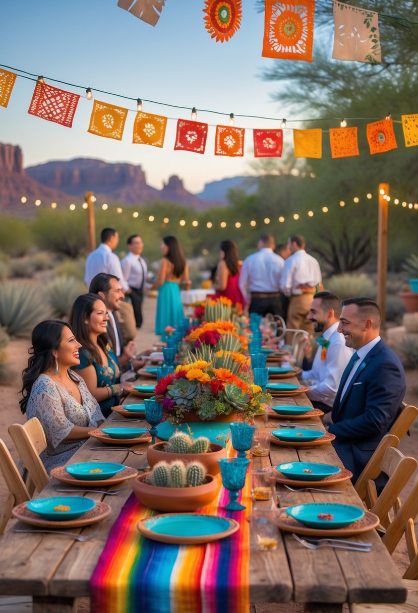 Outdoor wedding rehearsal dinner with a long rustic table decorated with colorful runners, flowers, and pottery, surrounded by guests in a desert setting.