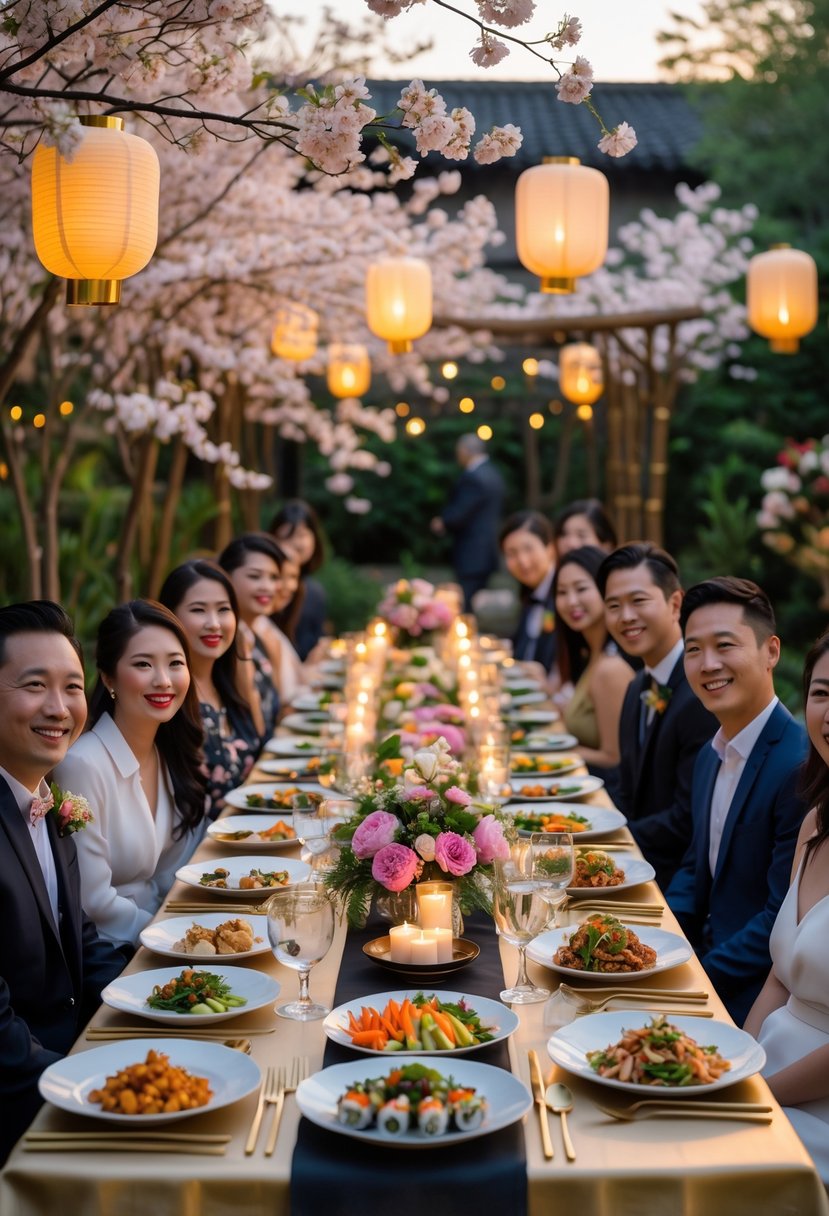 Guests enjoying a beautifully decorated outdoor dinner table with Asian fusion dishes and floral decorations during a wedding rehearsal dinner.