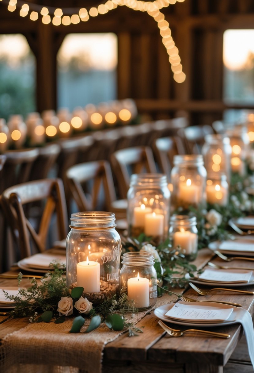 A table with mason jars holding lit candles surrounded by greenery and rustic decorations at a wedding rehearsal dinner.