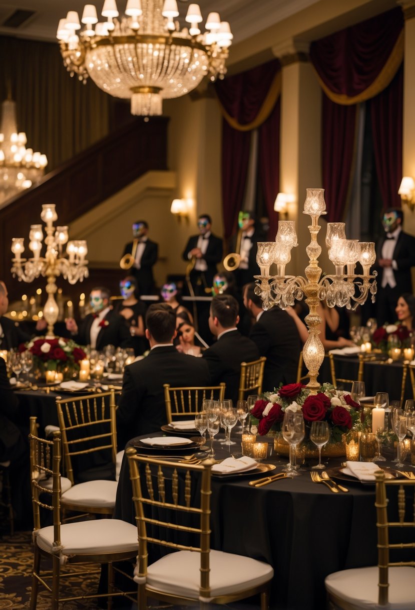 Guests wearing elegant masks and formal attire seated at decorated tables in a banquet hall for a wedding rehearsal dinner.