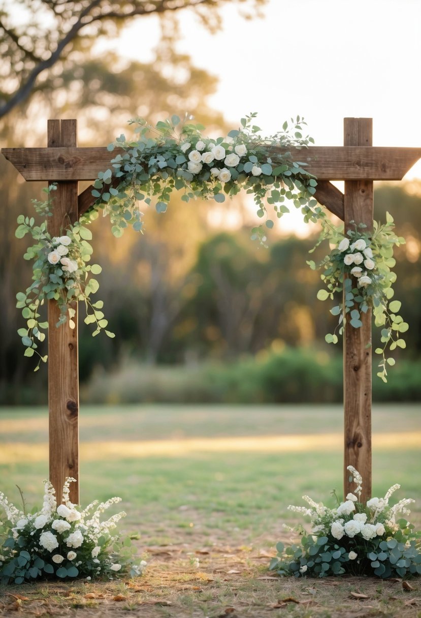 A rustic wooden arch decorated with greenery and white flowers in an outdoor setting.
