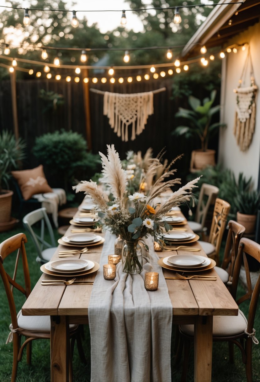 Outdoor backyard dining table set for a wedding rehearsal dinner with natural decorations and warm lighting.