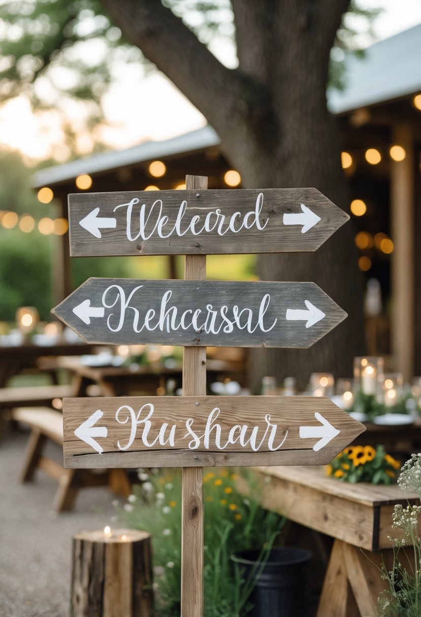 Several wooden directional signs outdoors surrounded by greenery and rustic wedding decorations.