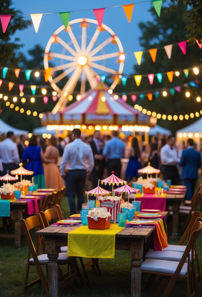 Outdoor wedding rehearsal dinner with colorful carnival decorations, string lights, guests socializing, and a Ferris wheel in the background.