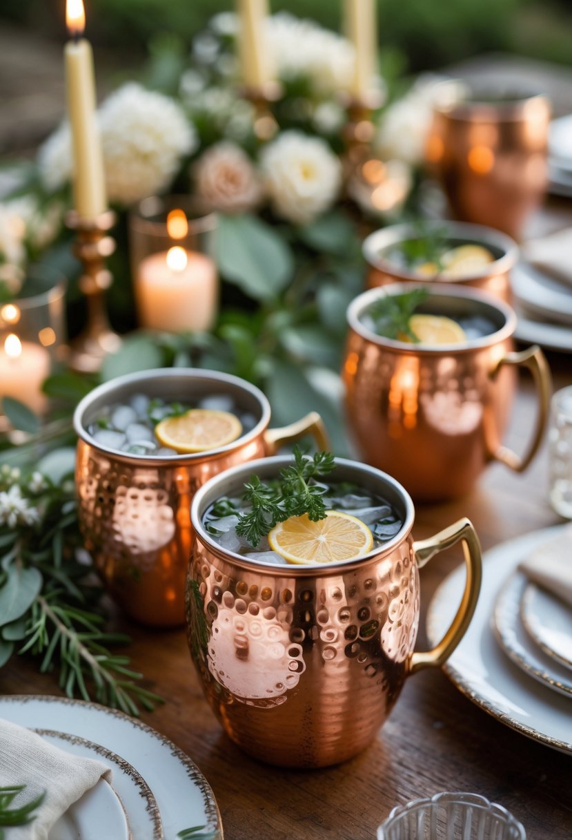 Copper mugs filled with cocktails arranged on a wooden table with flowers and candles.
