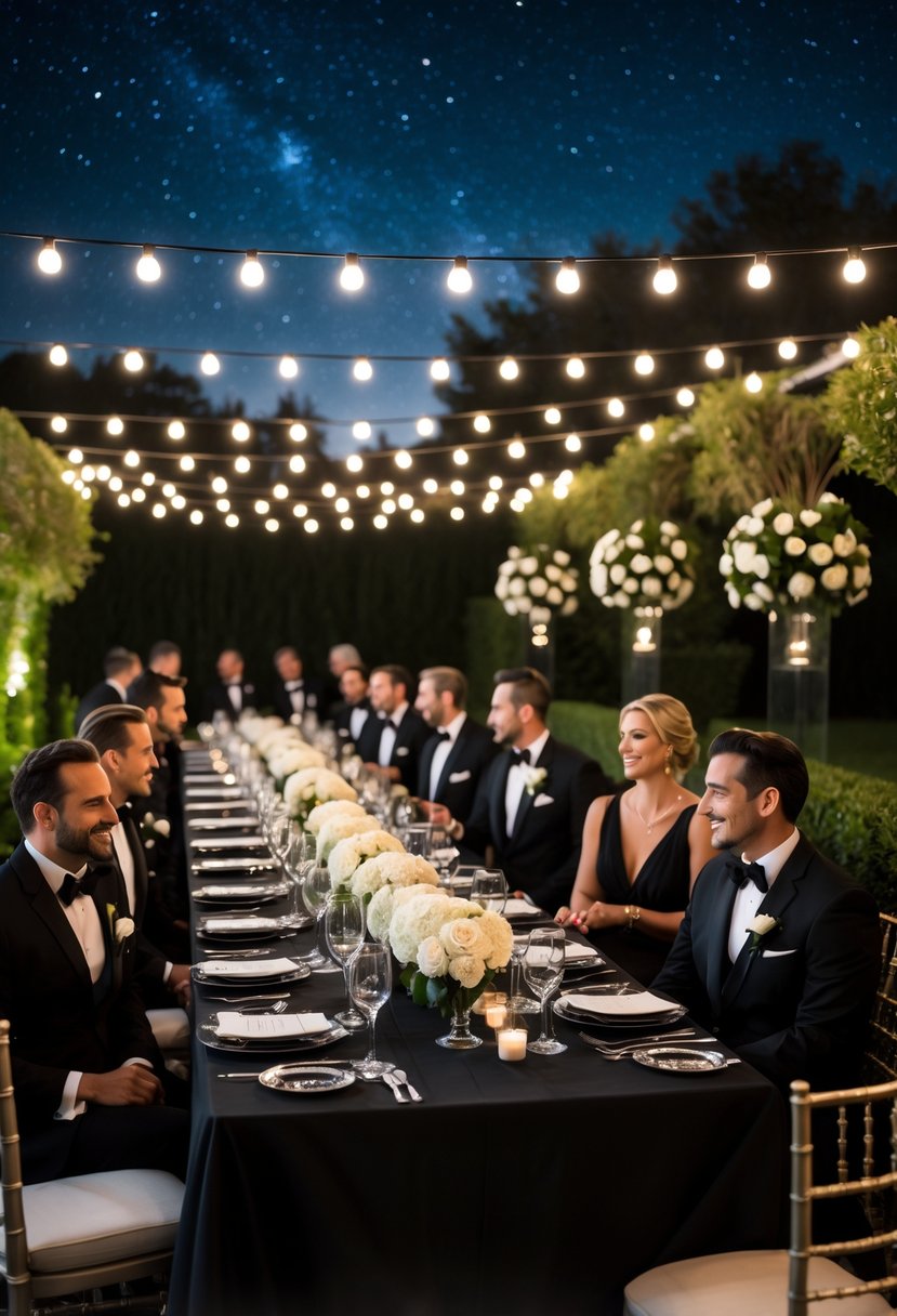 An outdoor wedding rehearsal dinner at night with guests in formal black tie attire seated around a long table decorated with black linens, candles, and elegant table settings under string lights.