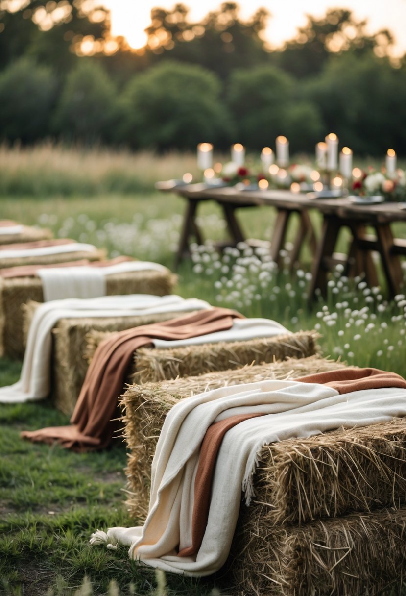 Hay bale seating with cozy blankets arranged outdoors for a rustic wedding rehearsal dinner.