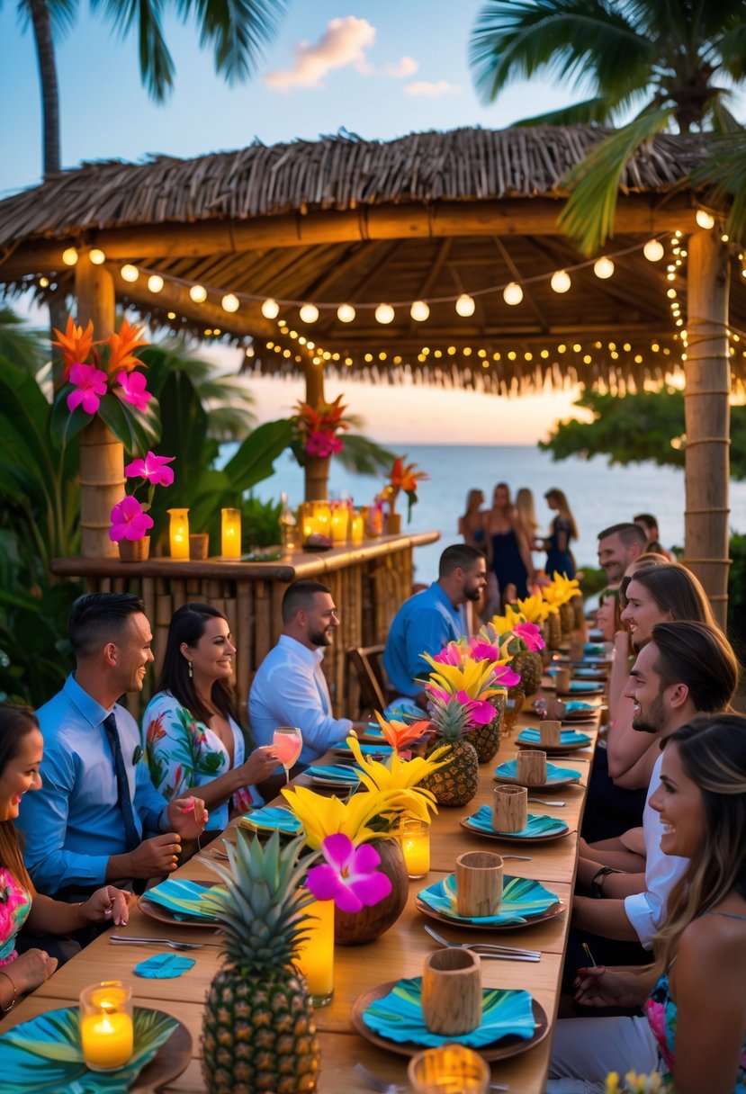 Outdoor wedding rehearsal dinner with tiki bar, decorated table with tropical flowers and fruits, guests enjoying drinks and mingling under palm trees at sunset.