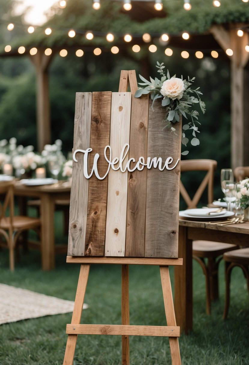 A rustic wooden welcome sign displayed on an easel surrounded by string lights and floral decorations in an outdoor wedding rehearsal dinner setting.