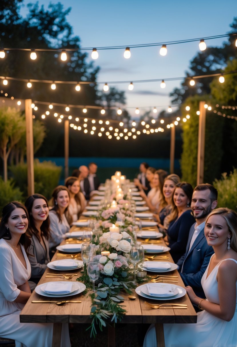 People enjoying a wedding rehearsal dinner at a long outdoor table decorated with flowers and lights during early evening.