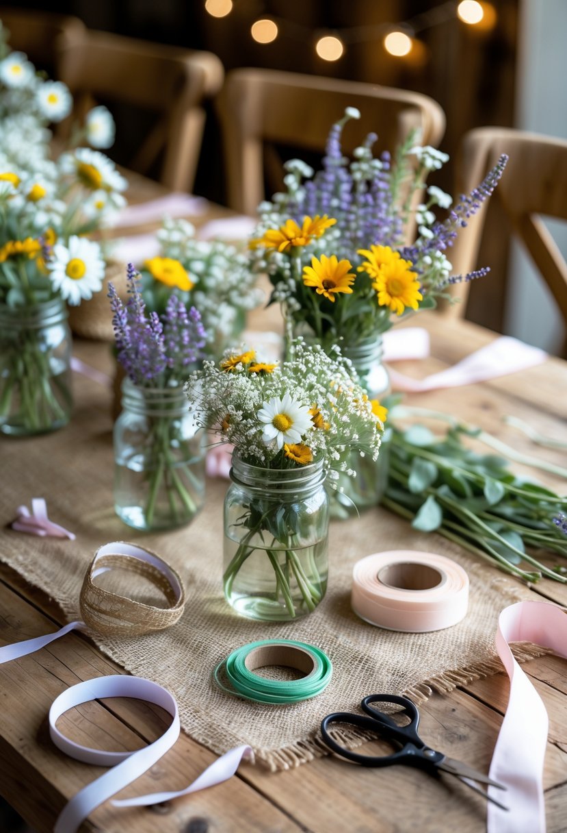 A wooden table with flowers, floral wire, scissors, and ribbons arranged for making flower crowns at a wedding rehearsal dinner.