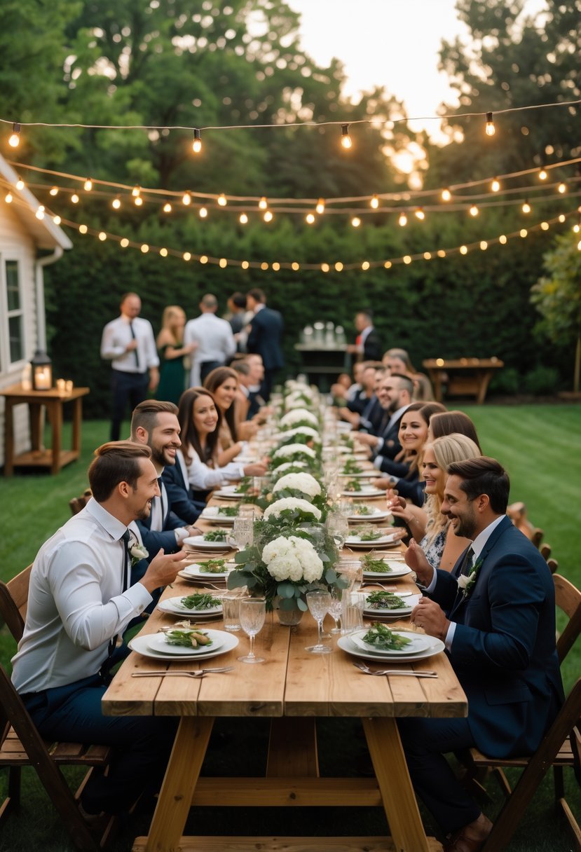 Guests enjoying a backyard dinner party under string lights with a decorated table and garden surroundings.