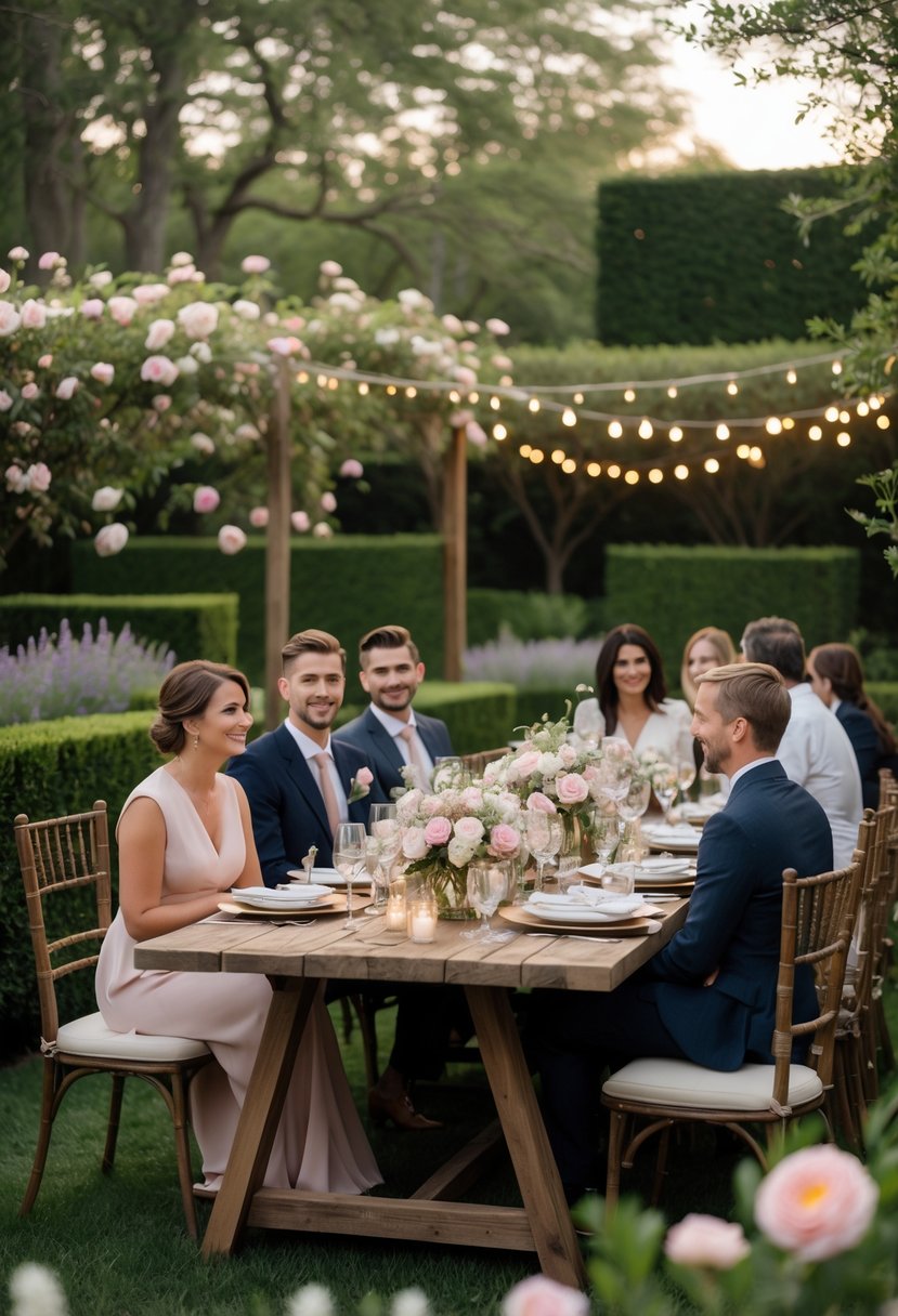 An outdoor garden party with a decorated dining table surrounded by guests enjoying a wedding rehearsal dinner.