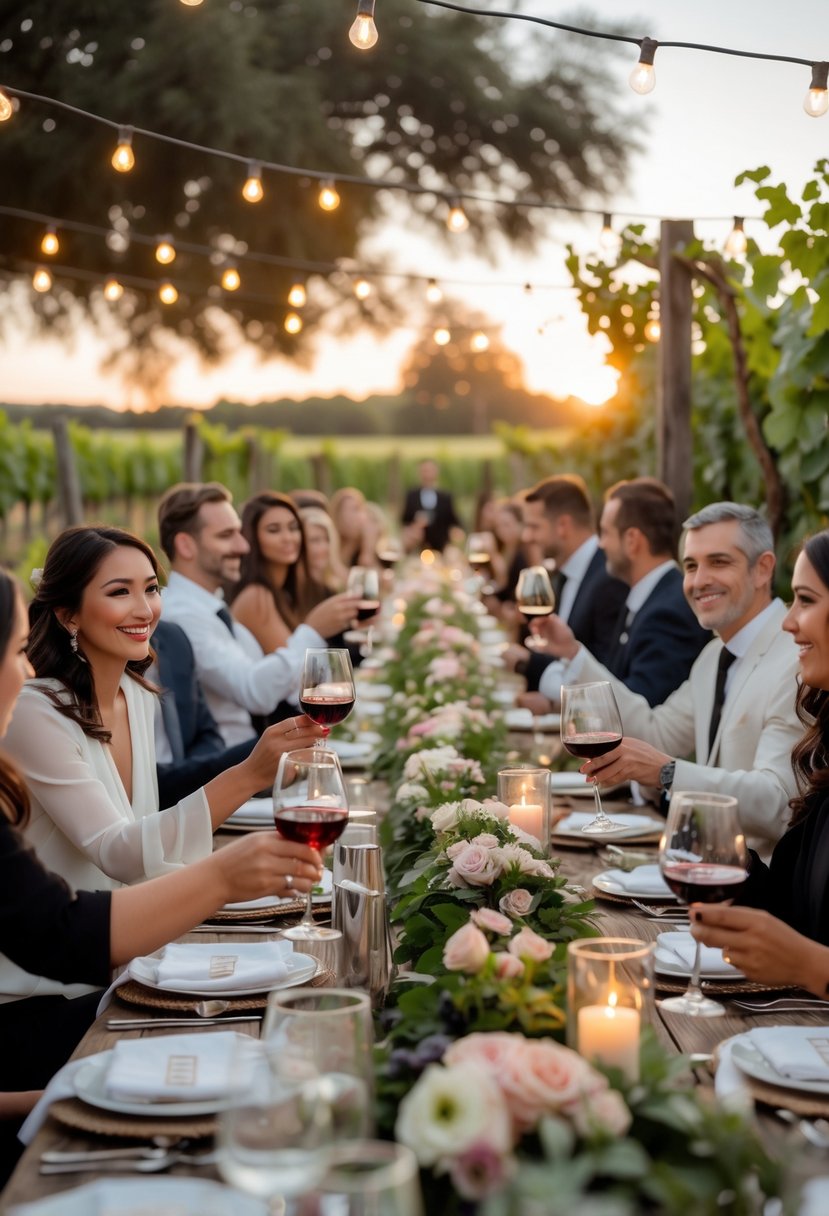 People enjoying a wine tasting evening at an outdoor vineyard table decorated for a wedding rehearsal dinner.
