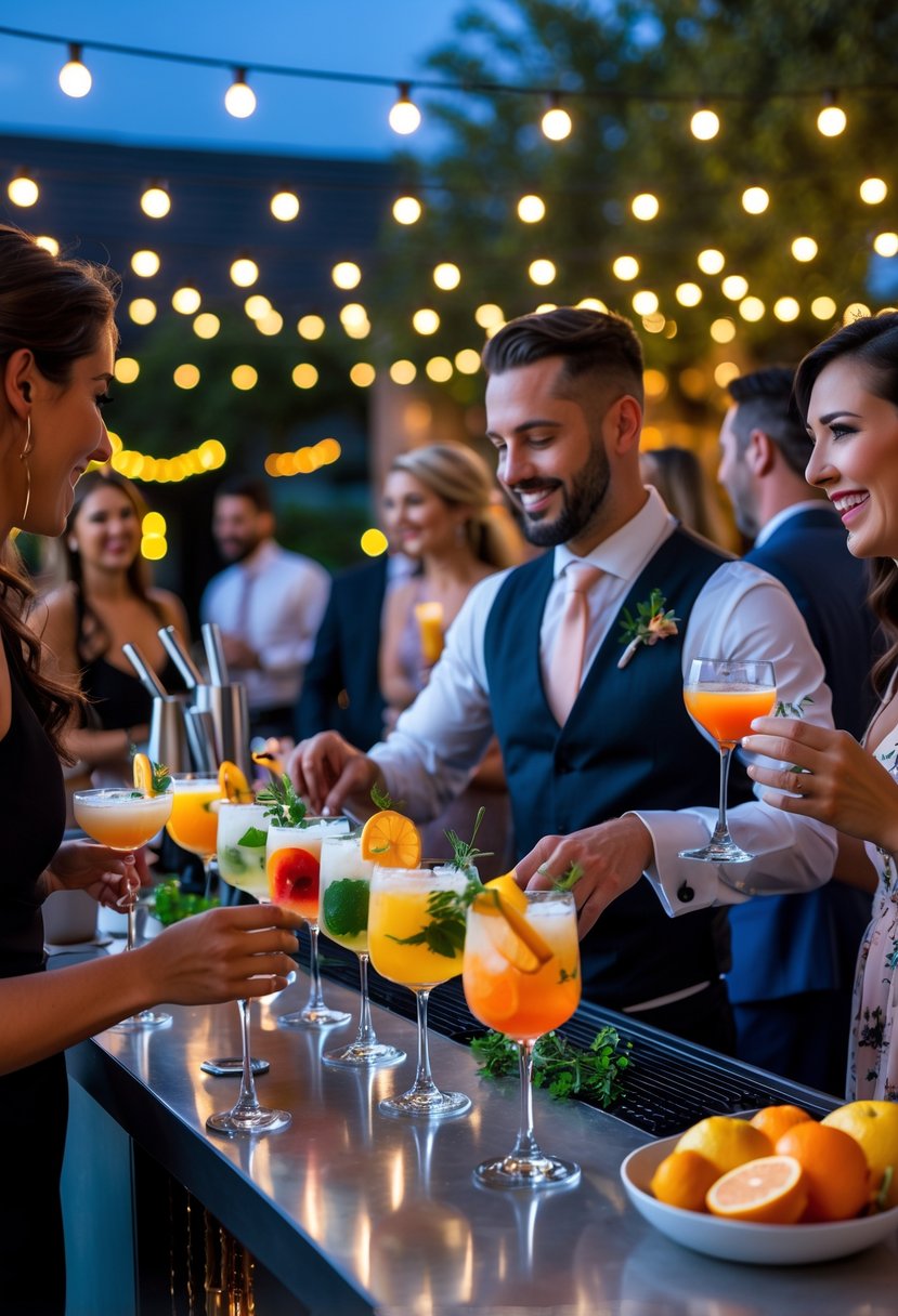 A mixologist prepares cocktails at a bar while guests enjoy drinks and conversation at a wedding rehearsal dinner.