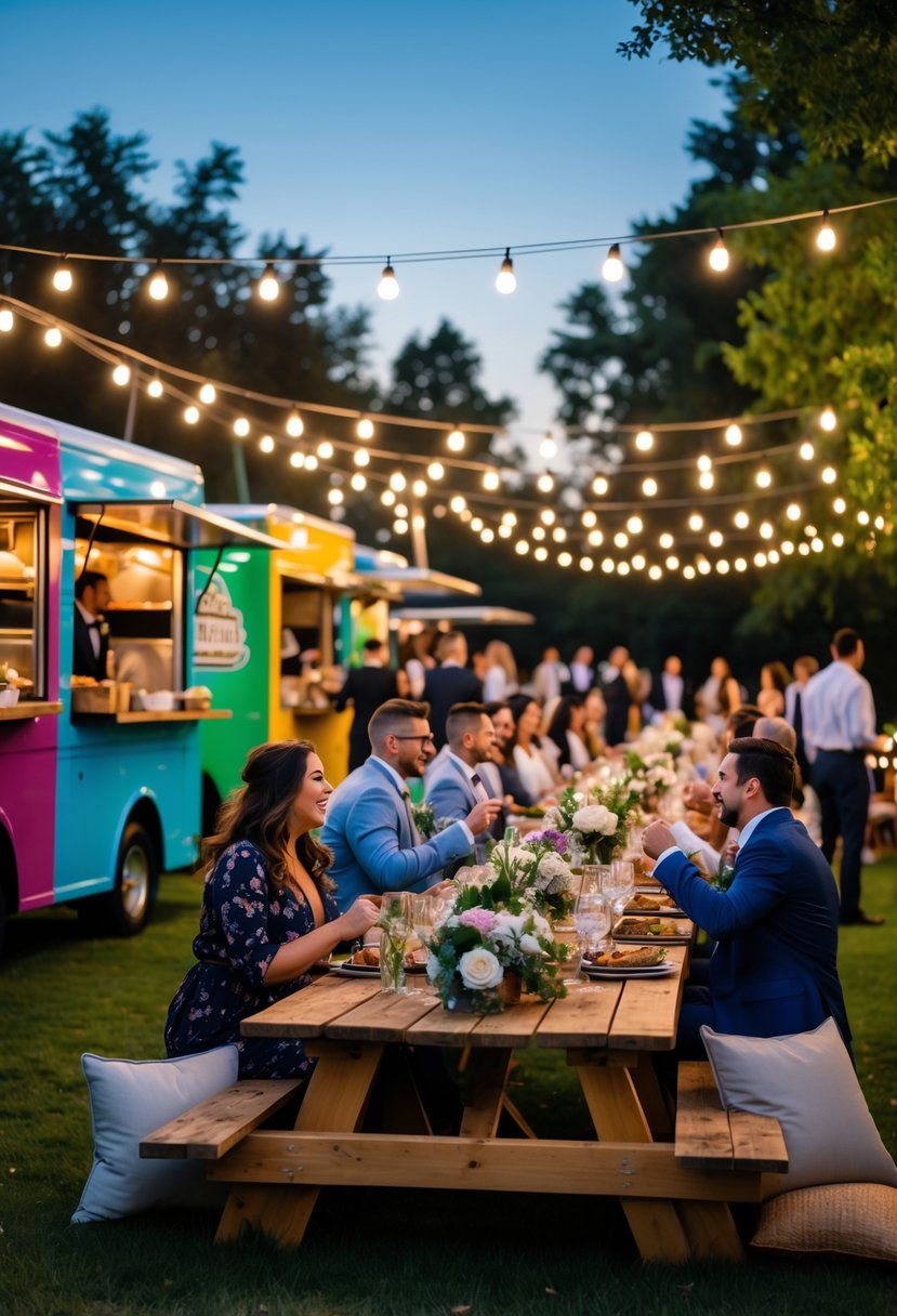 People enjoying food and drinks outdoors near colorful food trucks at a festive dinner event with tables and string lights.