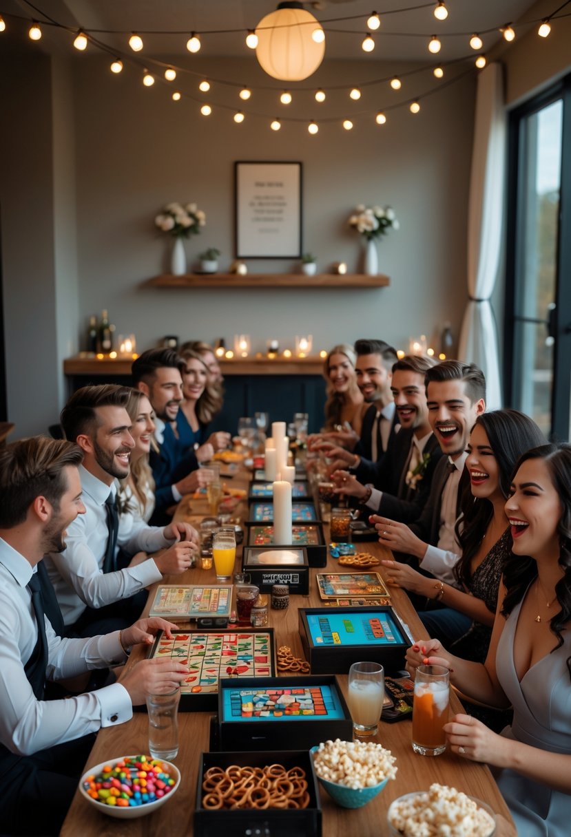 A group of people enjoying snacks, drinks, and retro games around a decorated table at a wedding rehearsal dinner.