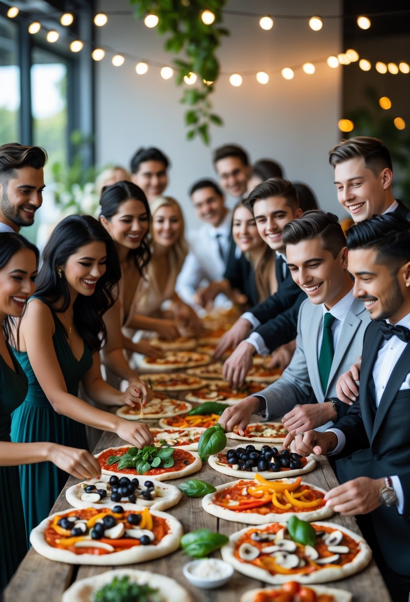 A group of people at a wedding rehearsal dinner making custom pizzas together around a wooden table with fresh ingredients.