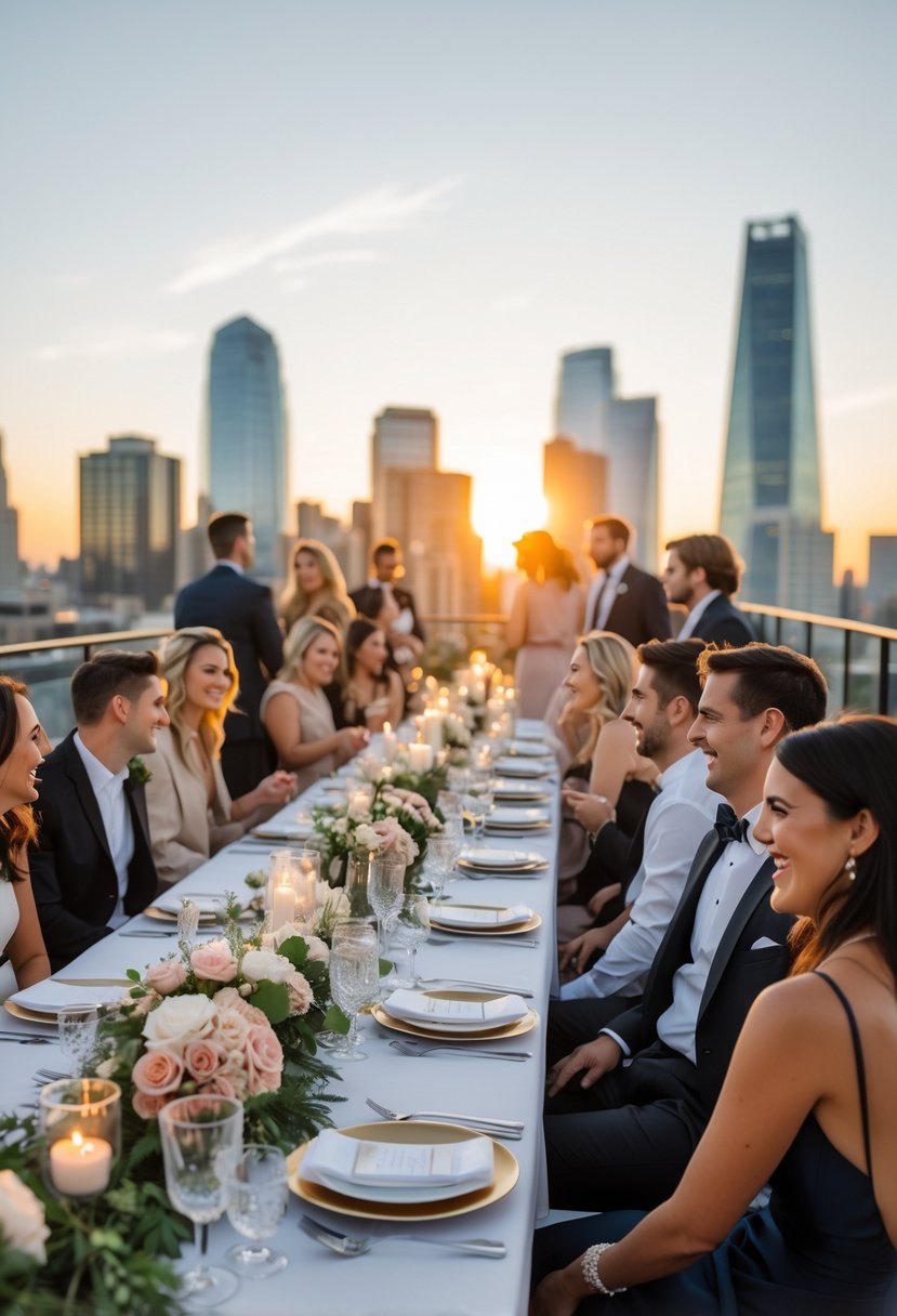 A rooftop dinner setup with a long table, floral decorations, guests enjoying a meal, and a city skyline in the background.