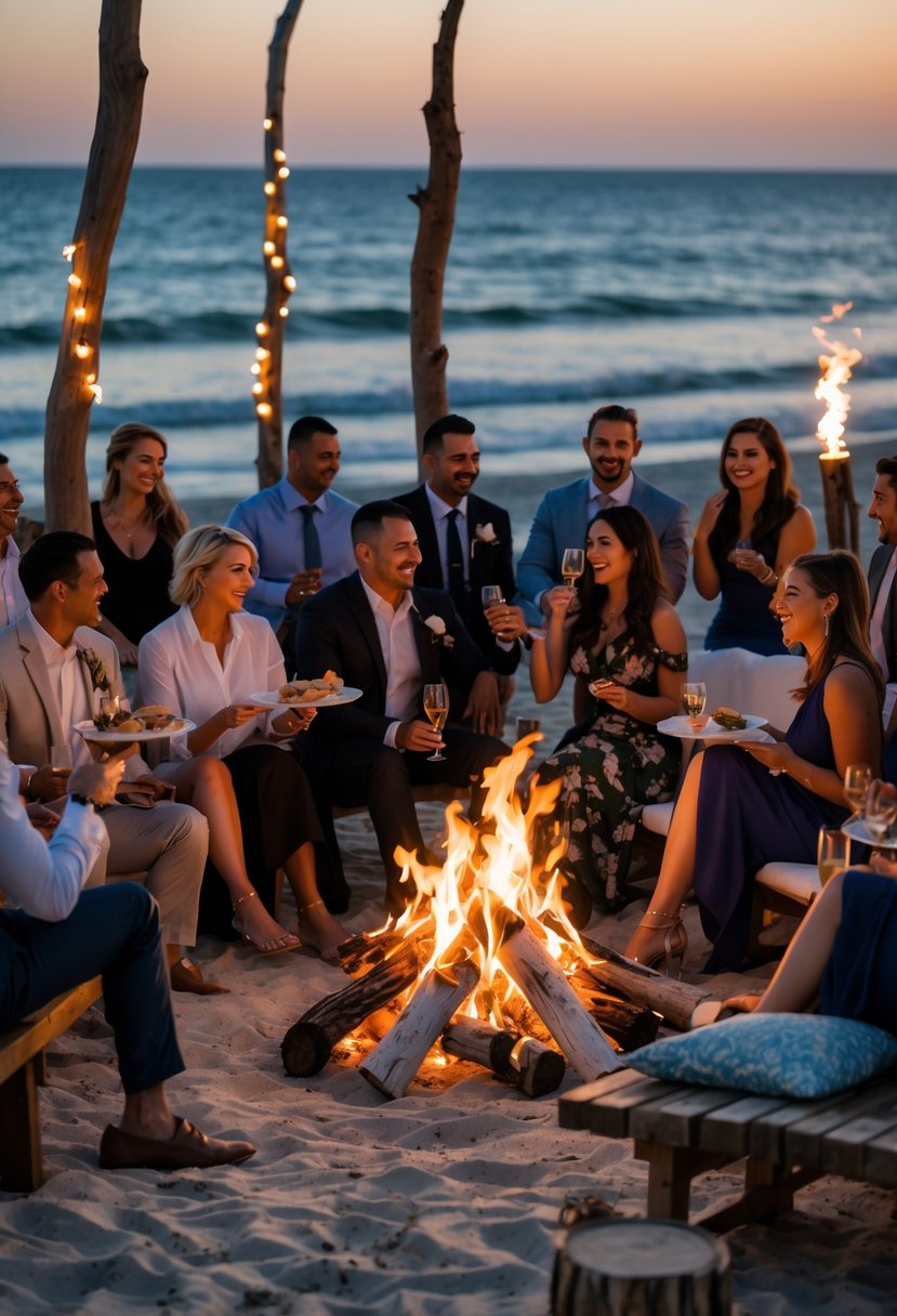 People gathered around a bonfire on a beach at sunset, enjoying a casual dinner with drinks and soft lighting.