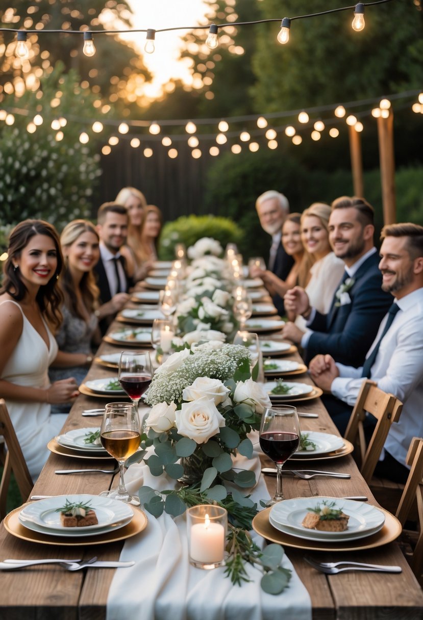 Guests enjoying a cozy outdoor wedding rehearsal dinner around a decorated wooden table with flowers and candles under string lights.
